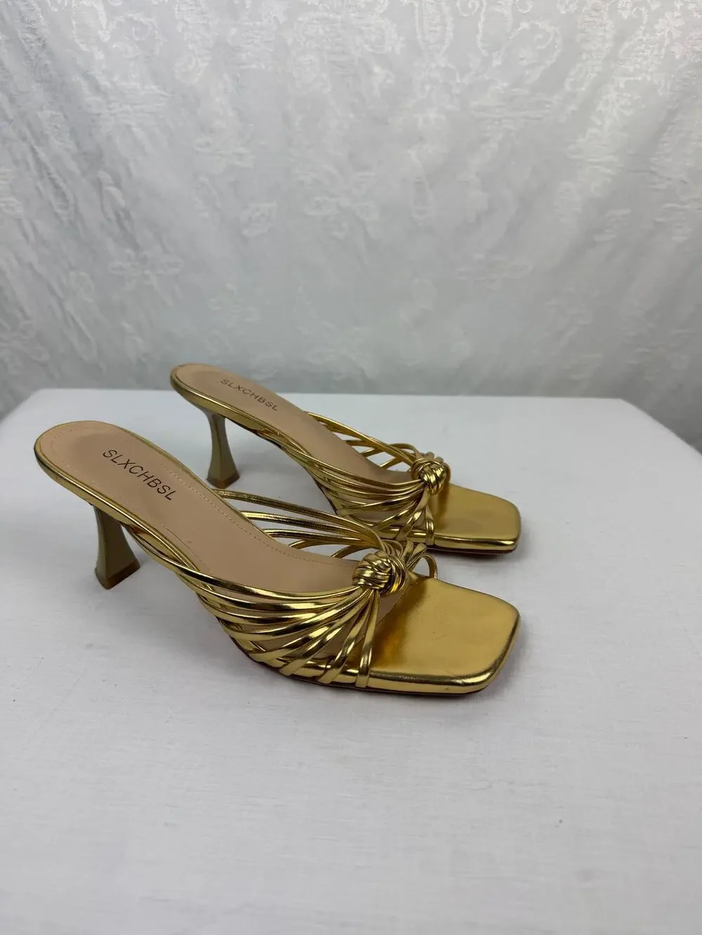 SLXHBSL Gold Metallic Strappy Heeled Mules Size 9.5